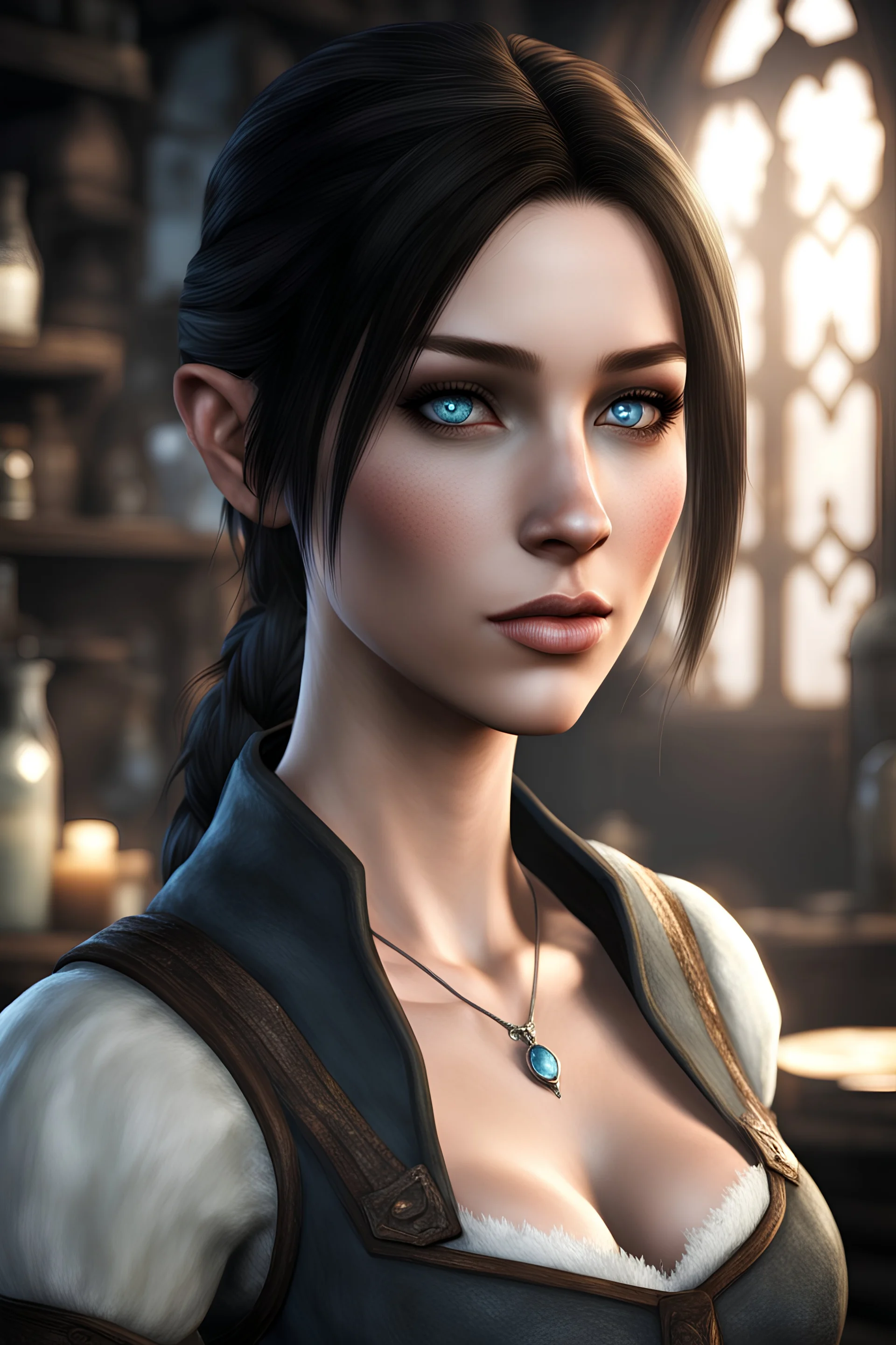 A female breton barmaid from Skyrim with light blue eyes, brunette, melancholic, wholesome