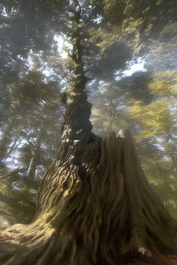 turn this tree trunk into a mountain coming out of the sea