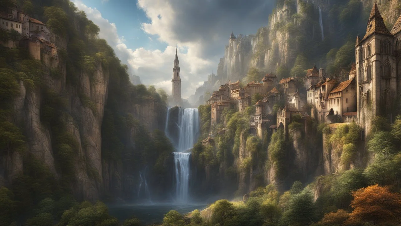 a wide waterfall falling upon a medieval european city at the end of a steep, narrow, 3.000 feet tall ravine. a masterpiece, fantasy concept art, dynamic lighting, hyperdetailed, intricately detailed, deep color, Unreal Engine, volumetric lighting, Epic cinematic brilliant stunning intricate meticulously detailed dramatic atmospheric maximalist digital matte painting