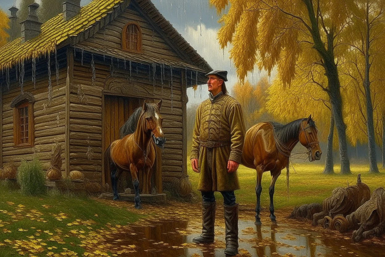 Fascinating, ultra-realistic nature in the photo. Golden autumn. A 32-year-old man in 19th-century Russian clothes stands with his head raised to the sky, raindrops dripping on his face. In the background, a 19th-century estate and three horses stand at the outhouse.