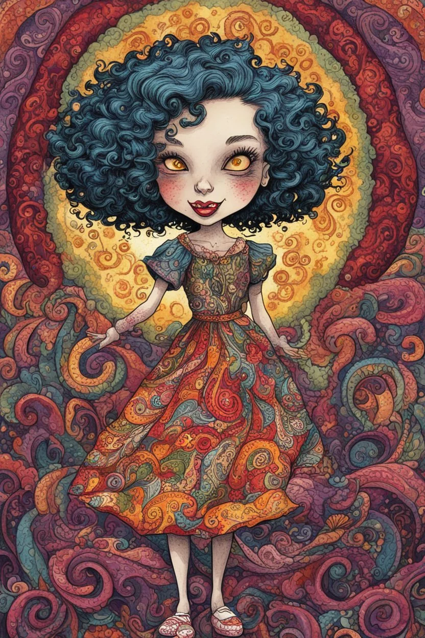 a cartoon illustration of a schizophrenic curly, short haired vampire girl in a paisley sundress, in the cartoon style of Lynda Barry , Ernie Pook's Comeek, vibrant natural colors, , museum quality masterpiece