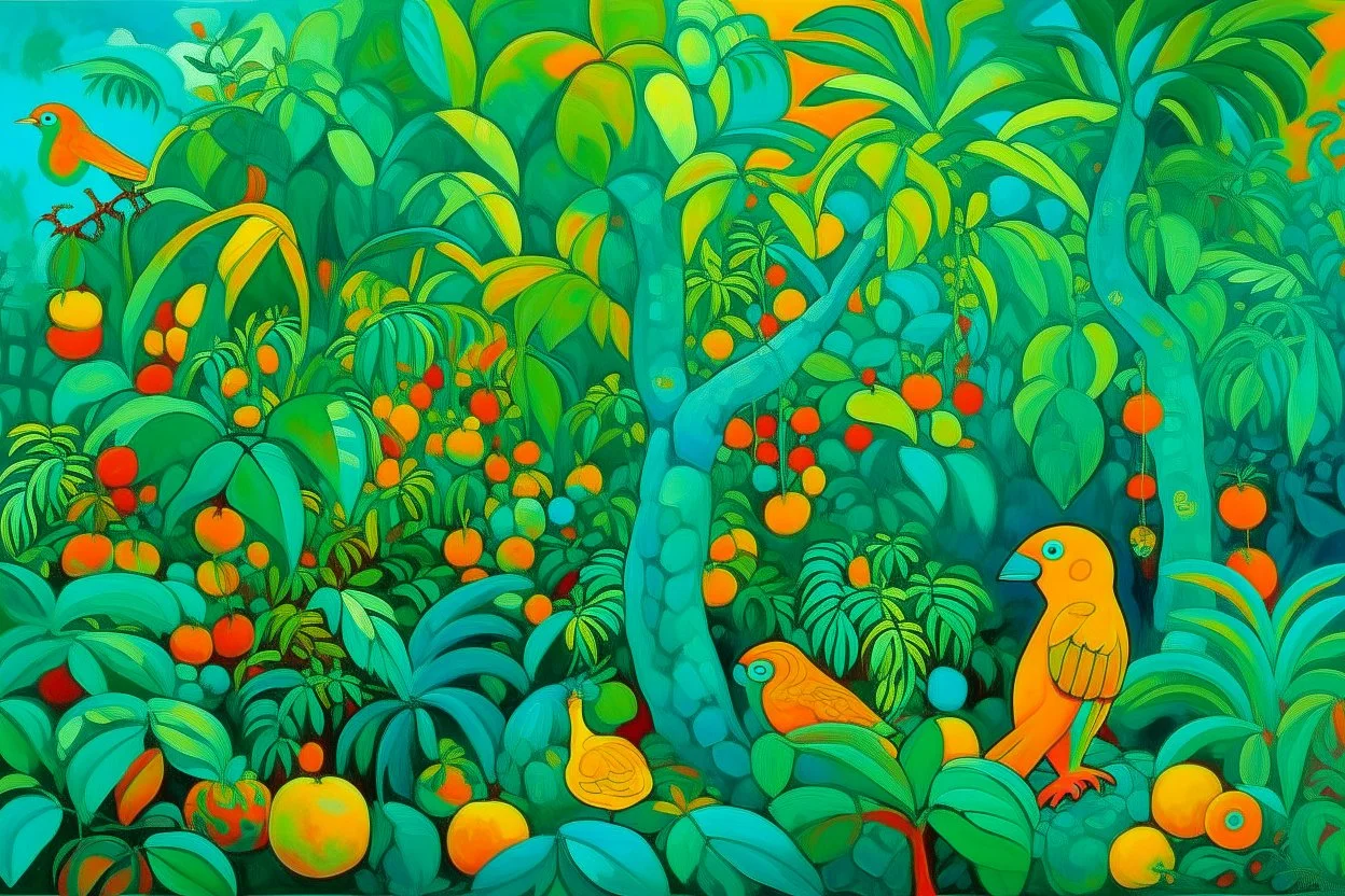 A teal jungle with fruit painted by Paul Ranson