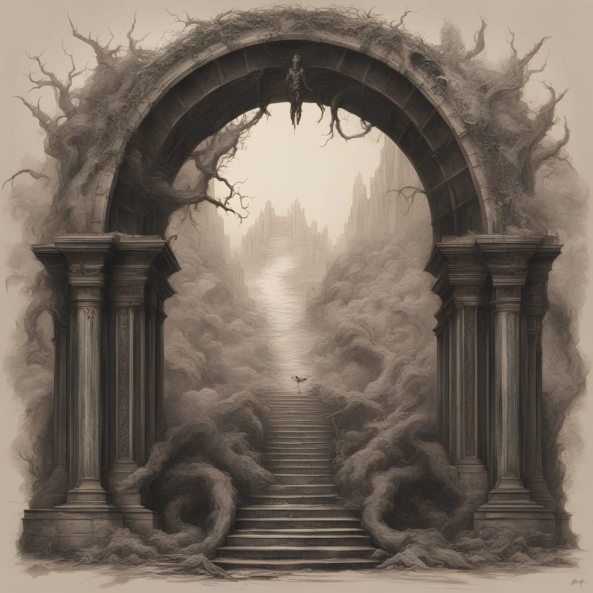 Generate a visually striking artwork that depicts a gatway arch drawing inspiration from dark mythology and biblical references. Incorporate elements of chaos, destruction, and a foreboding atmosphere, while highlighting Abaddon's menacing presence and otherworldly power.