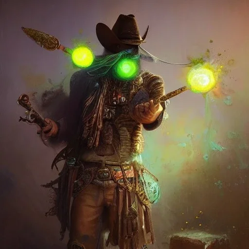 Insanely detailed photograph of an “ a midevil cowboy warrior "with worn Sombrero, handsome charo,cigar,glowing bluish green orb in outstretched hand, hyperdetailed painting by Ismail Inceoglu Huang Guangjian and Dan Witz CGSociety ZBrush Central fantasy art album cover art,8K, hdr, mysterious, flickeringlights ,Stoic