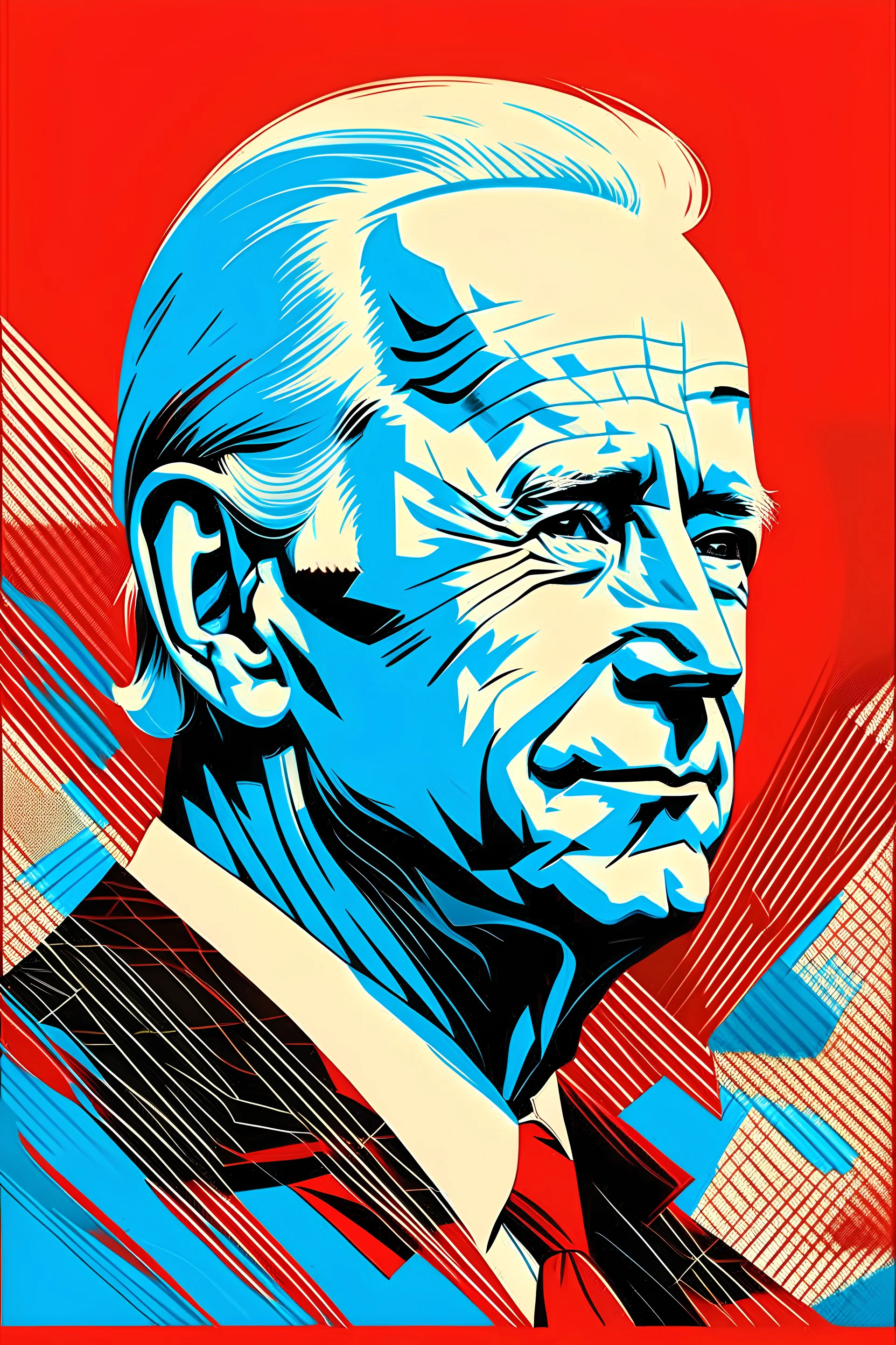 stylized stencil portrait of Joe biden in solid red, beige and (light and dark) blue with the the word "повиноваться" overlaid on the bottom of the image in red