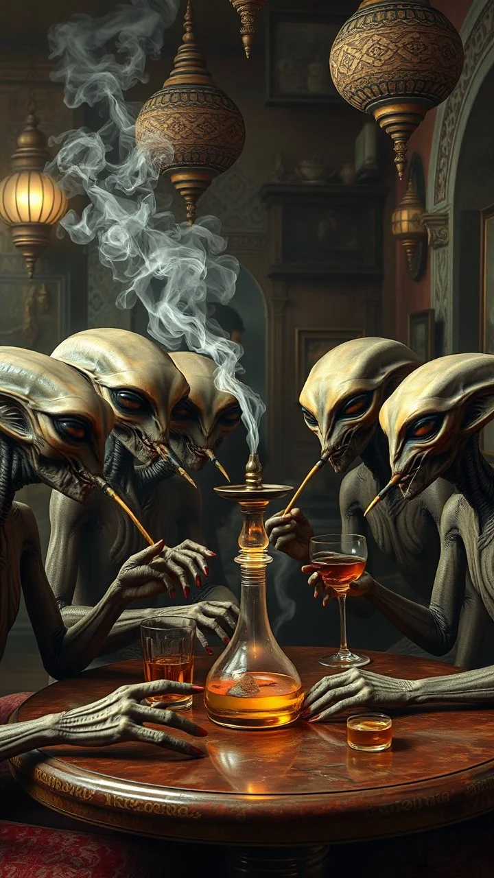 Bosch painting style nightmare , 3D , a group of ET s Aliens are smoking Hookah and alcohol in a cafe with middle eastern decor on the background, high Quality picture , 8k