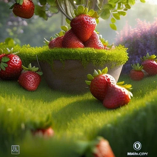 pixar style, volumetric summer garden environment and background, volumetric lighting, dramatic lighting, realistic painting of an strawberry, looking excited, detailed digital painting, extreme dense and fine fur, anime, ornate, colour-washed colors, elegant, small minutiae, tiny features, particulars, centered, smooth, sharp focus, renderman gofur render, 8k, uhd, detailed eyes, realistic shaded volumetric lighting, sunlight caustics, backlight, centered camera view