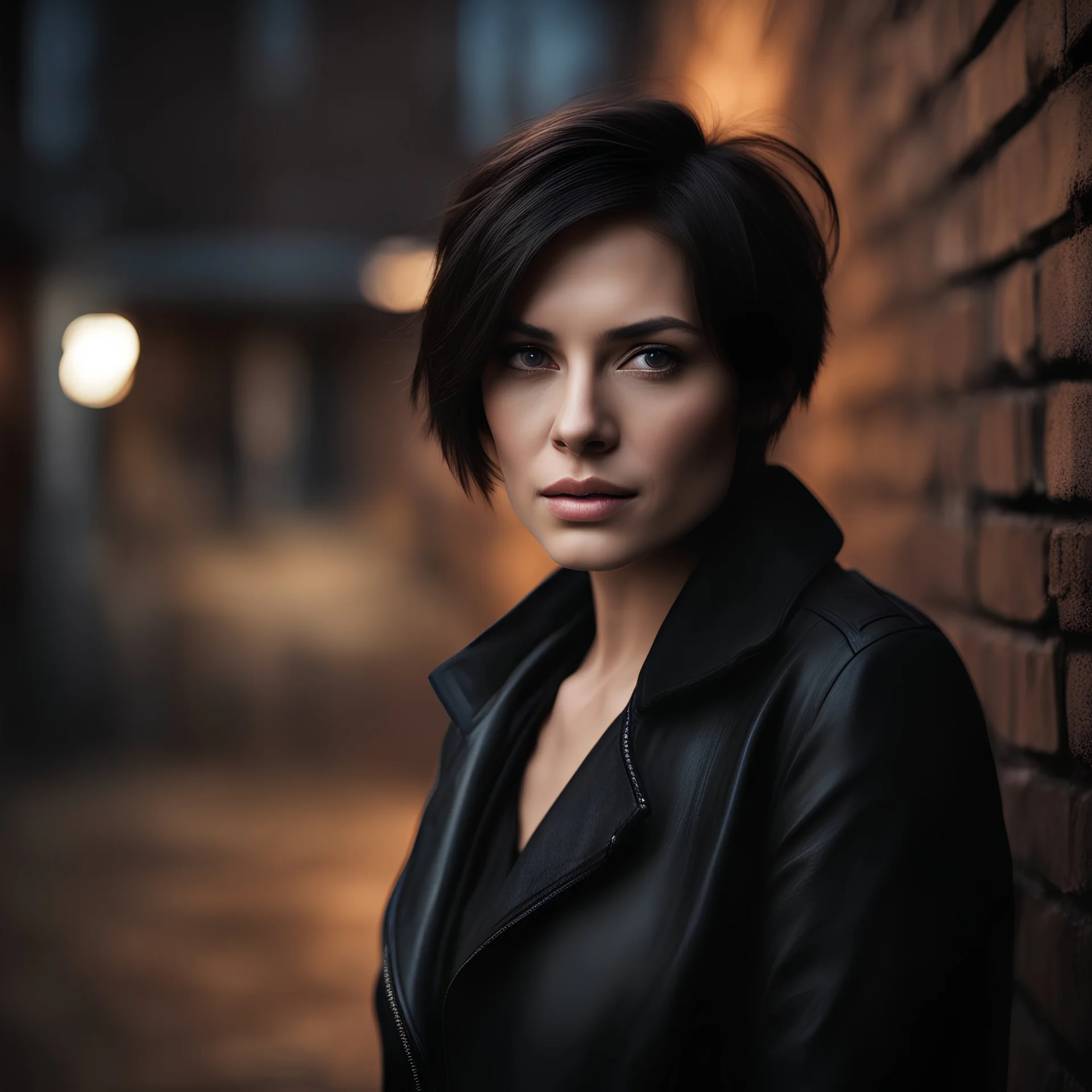 cute woman with dark short hair with light streaks, gray eyes, facial skin with very noticeable unevenness and pores, face with wrinkles and irregularities, wearing a black jacket, standing against an old brick wall on the street during the day, abstract neorealism, cinematic, film light, hyper-detailed , hyper-realistic, masterpiece, atmospheric, high resolution, 8k, HDR, FUJIFILM, photo, bokeh