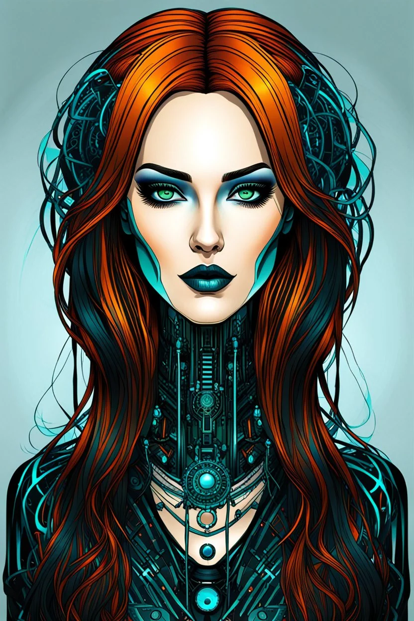 Create a wild, imaginative, full body, cybernetics enhanced, auburn haired goth girl with highly detailed facial features, in the vector graphic style of Nirak1,Christopher Lee, and Cristiano Siqueira, vibrant colors, sharply defined, 2d vector