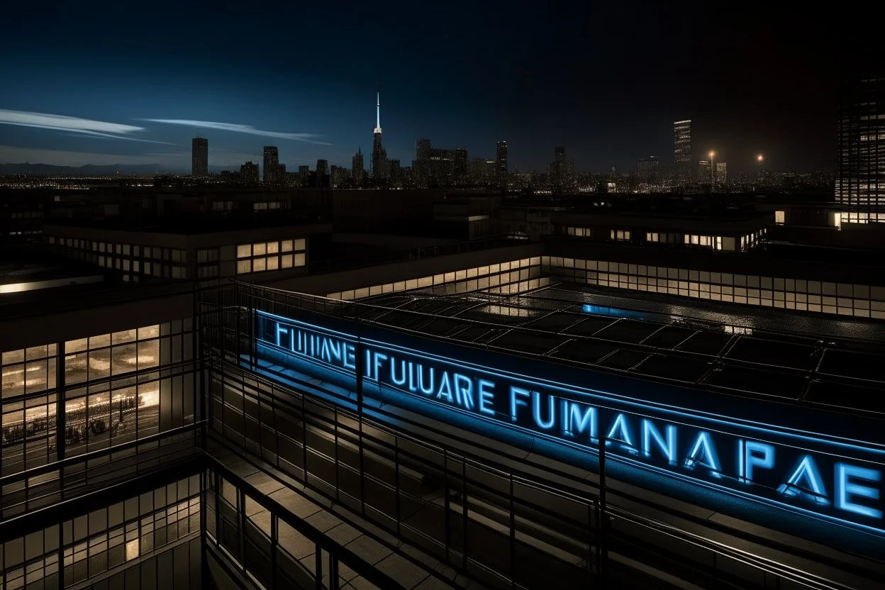 FUTURE illuminated sign on the roof of a building, the city in the background, 16K, real photography, photojournalism, inspired by the film Strange Days, by Kathryn Bigelow