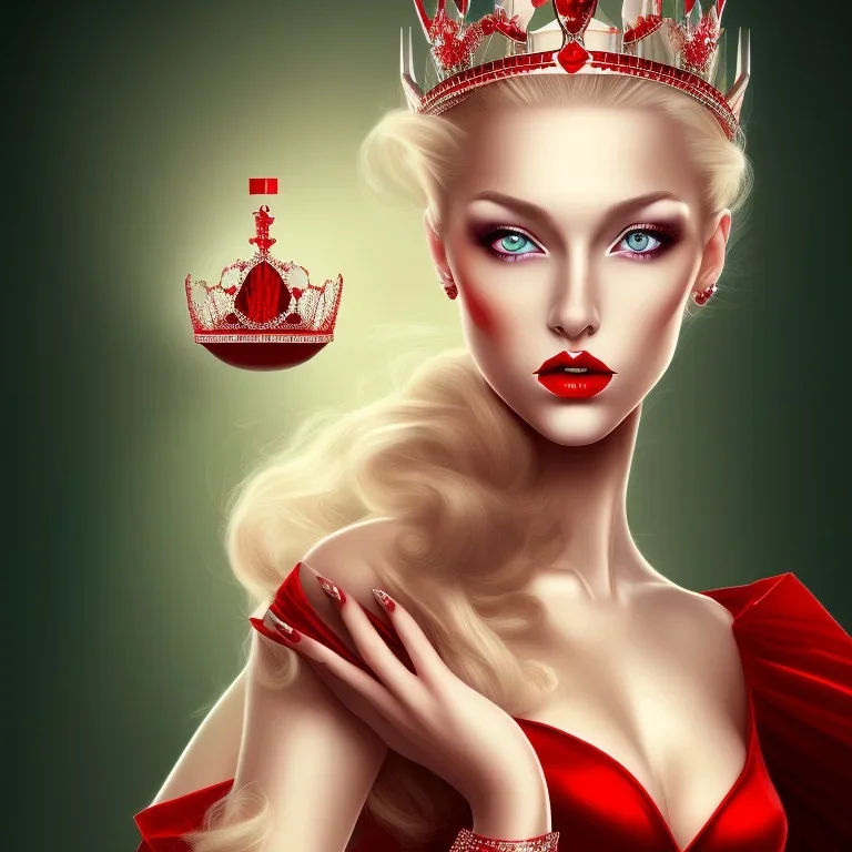 One full portrait of a beautiful queen,has pale blonde hair and green eyes, red lips, wearing red dress