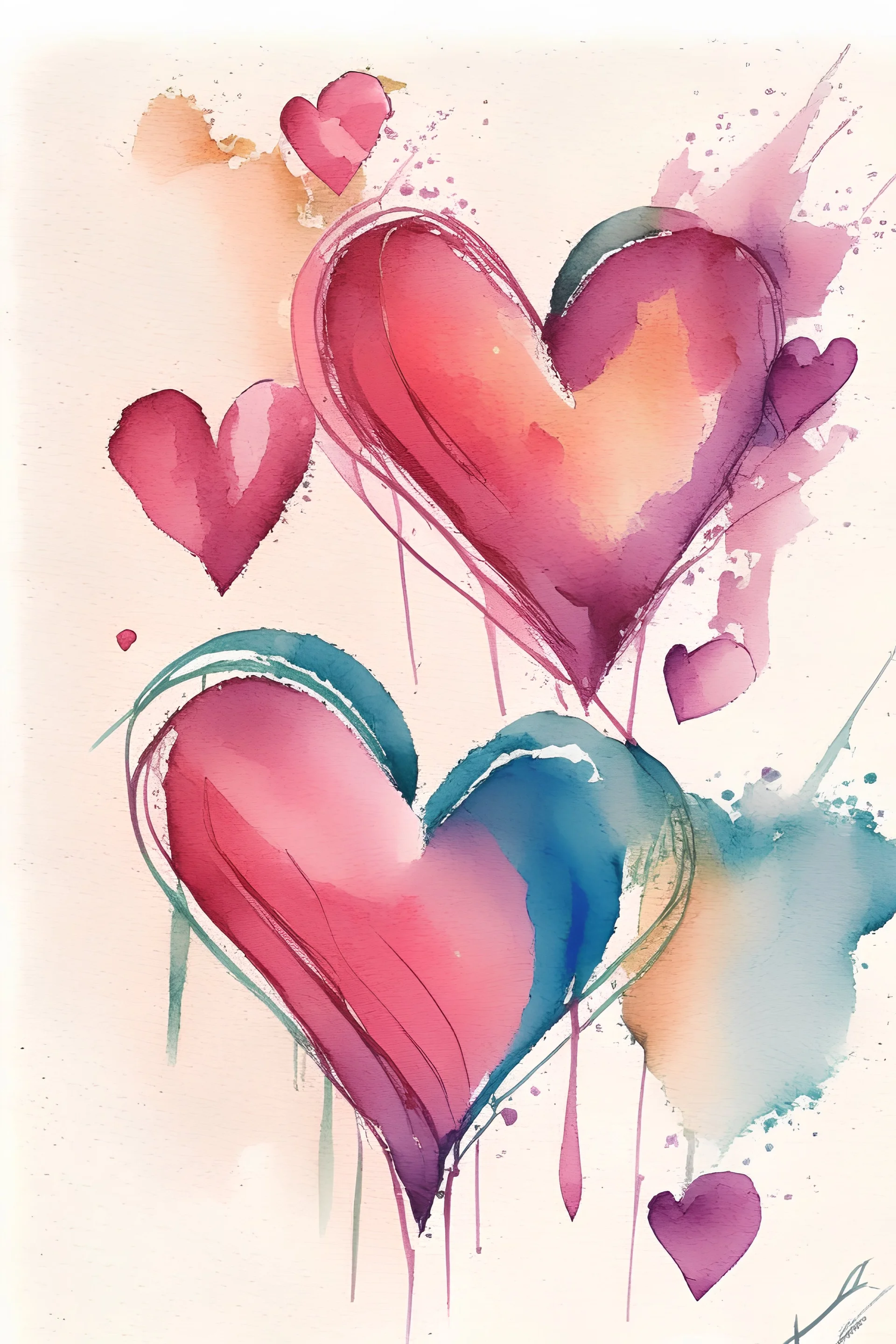 Hearts abstract wet watercolour in the style of kline with thin sketchy pencil lines