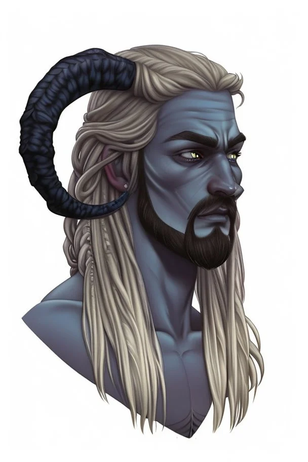 A tieffelin with blue skin and white Dreadlock hair. His pupil-less eyes are green. He wears a small beard.