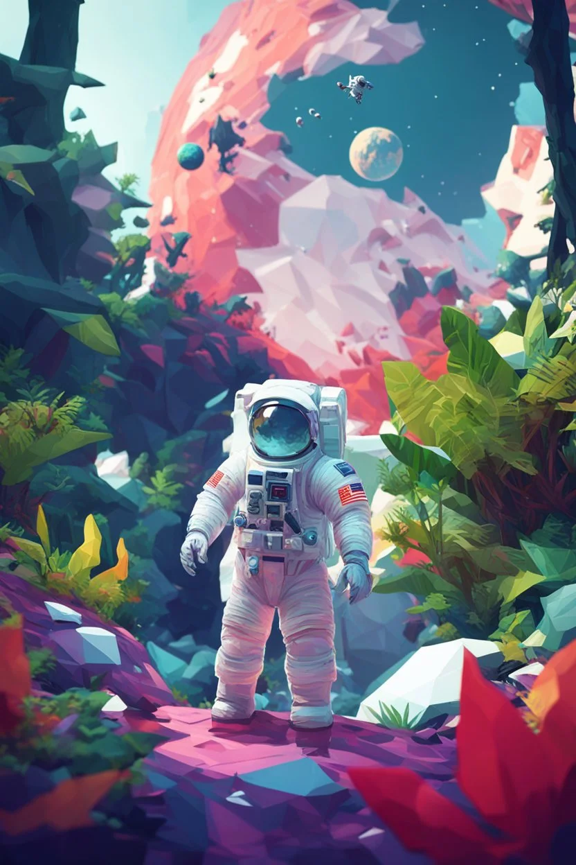 (((close midshot))), (((low poly art:2))), (astronaut), ultra detailed illustration of an environment on a dangerous:1.2 exotic planet with plants and wild (animals:1.5), (vast open world), astroneer inspired, highest quality, no lines, no outlines candid photography. by Lekrot