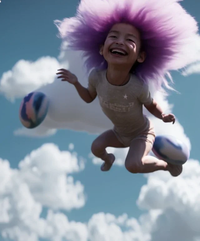 Ultra realistic speed clouds sky scene, wide angle view, sweet childs falling down, inflatable color clothing, free jumping flying, many trinkets, monster hair, hair monster, many jelly beans, balls, smile, happy, circus style, extreme, wind, clouds sea, 20,000 feet altitude, stratosphere, soft color, highly detailed, unreal engine 5, ray tracing, RTX, lumen lighting, ultra detail, volumetric lighting, 3d, finely drawn, high definition, high resolution.