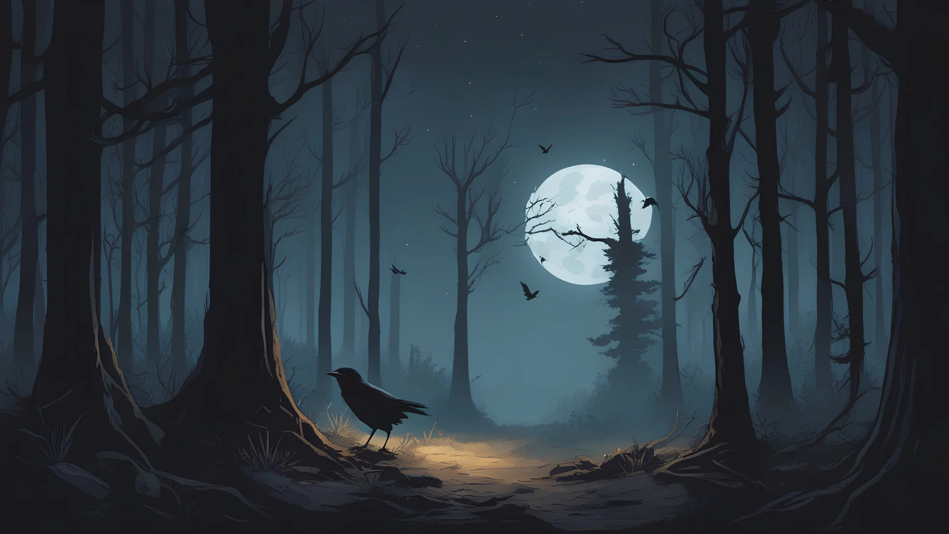 a woods environment, at night, with a crow staring