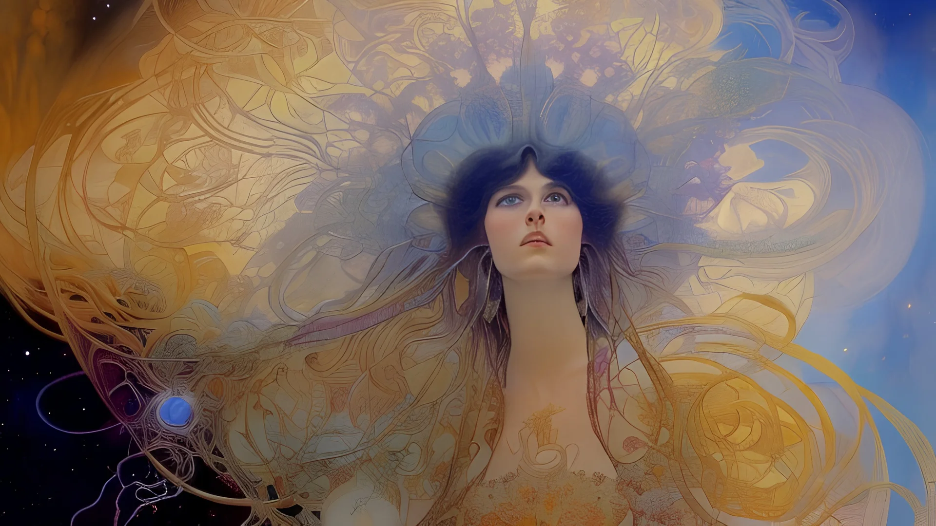 art by Alfons Mucha and Roger Dean, Reaching the End only to find the Beginning, mystical, mechanistic, metaphysical, cosmic, nebula, HD 4K, sharp detail, photo-realistic, octane rendering, award winning photography, cinematic lighting