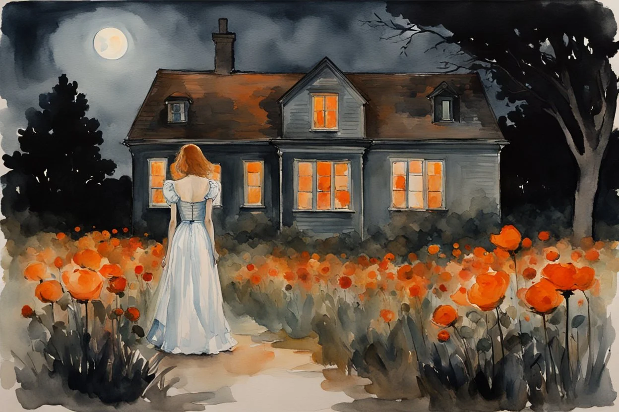 Night, one woman, orange flowers, gothic horror movies influence, distant house, epic, winslow homer watercolor paintings