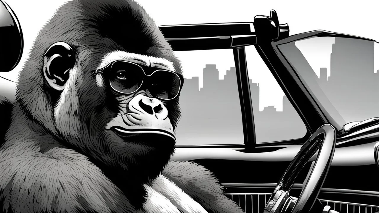 Gorilla wearing thick glasses driving a convertible. Illustration.