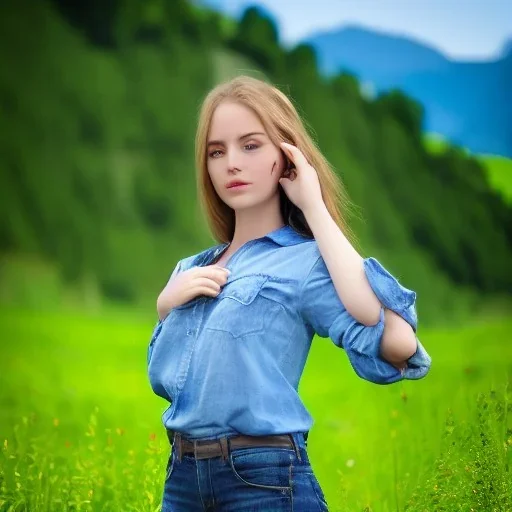 gorgeous young Swiss girl sitting standing in green field, mountain, sun, wearing blue shirt over, open arms, unreal engine, photograph, realistic skin texture, photorealistic, hyper realism, highly detailed, 85mm portrait photography