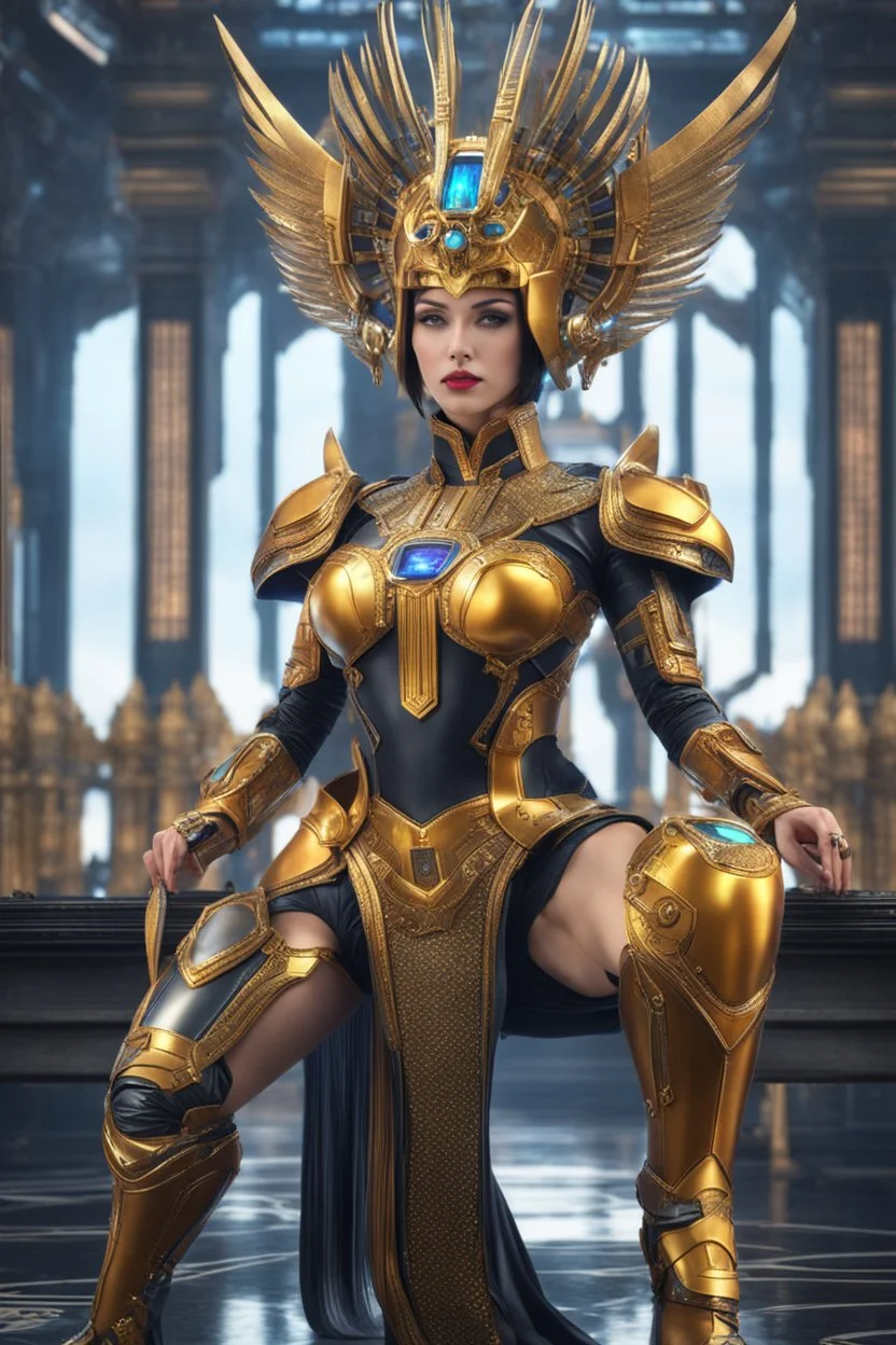 cyber robot woman ((masterpiece)), (beauty:1.3), iconic asp headpiece, UHD, 64K, hyperrealistic, vivid colors, , 8K resolution, throne room background with hieroglyphics, HDR depth, ultra detail, commanding regal aura, real photo