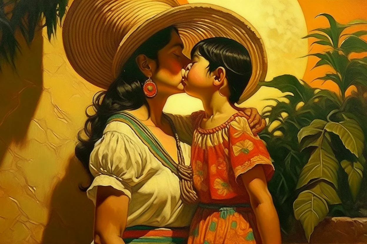 mexican woman and child kissing painting neoclassism whole body zoom the sun