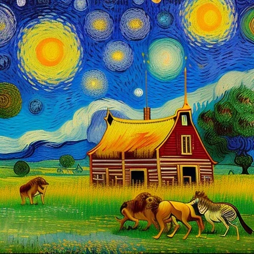 Dibujo al oleo de una pradera con una casa y una cebra y una leona con muchas nubes de colores estilo Vincent van Gogh