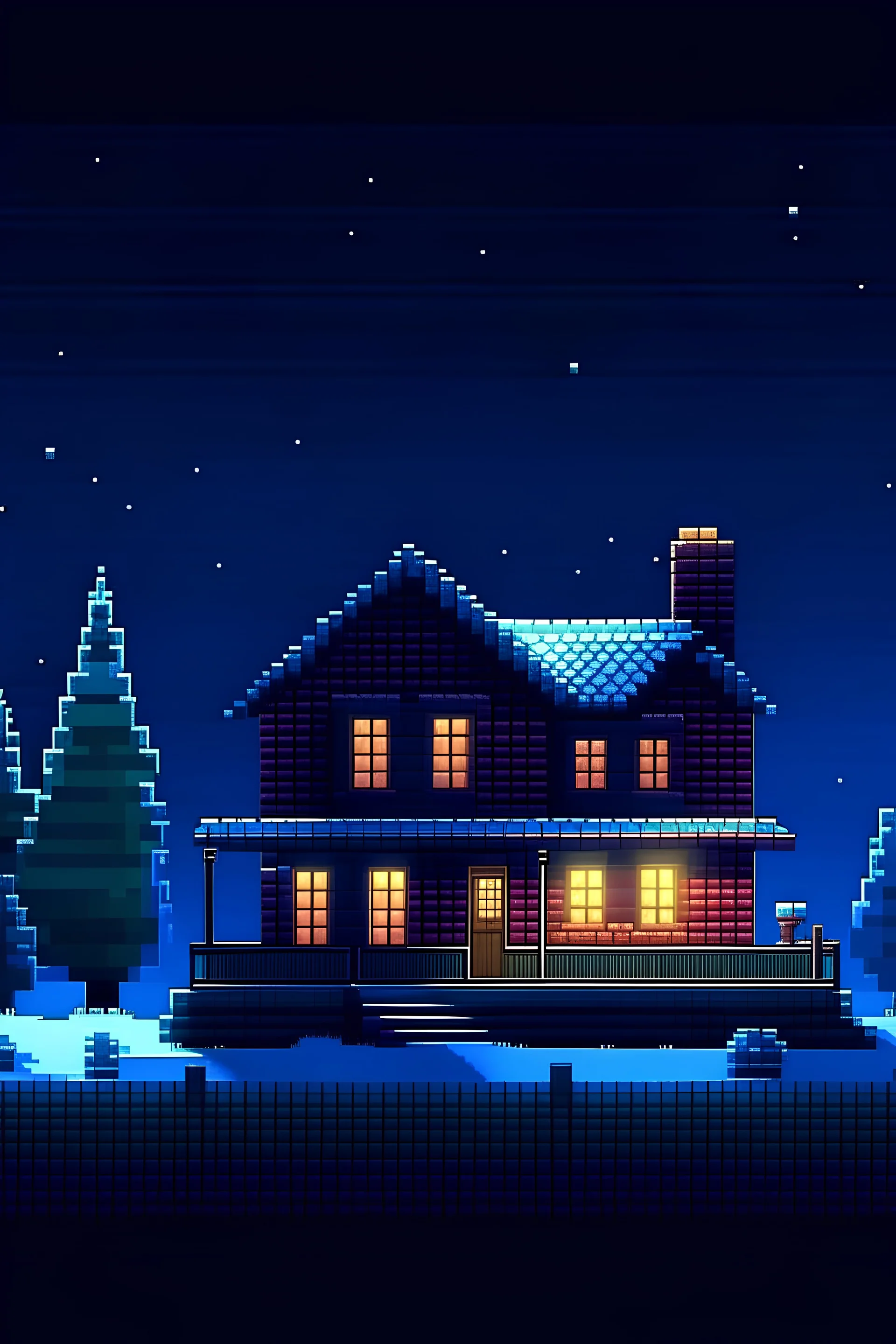 chrismas winter house in the night that is pixel at the side of the screen with lights