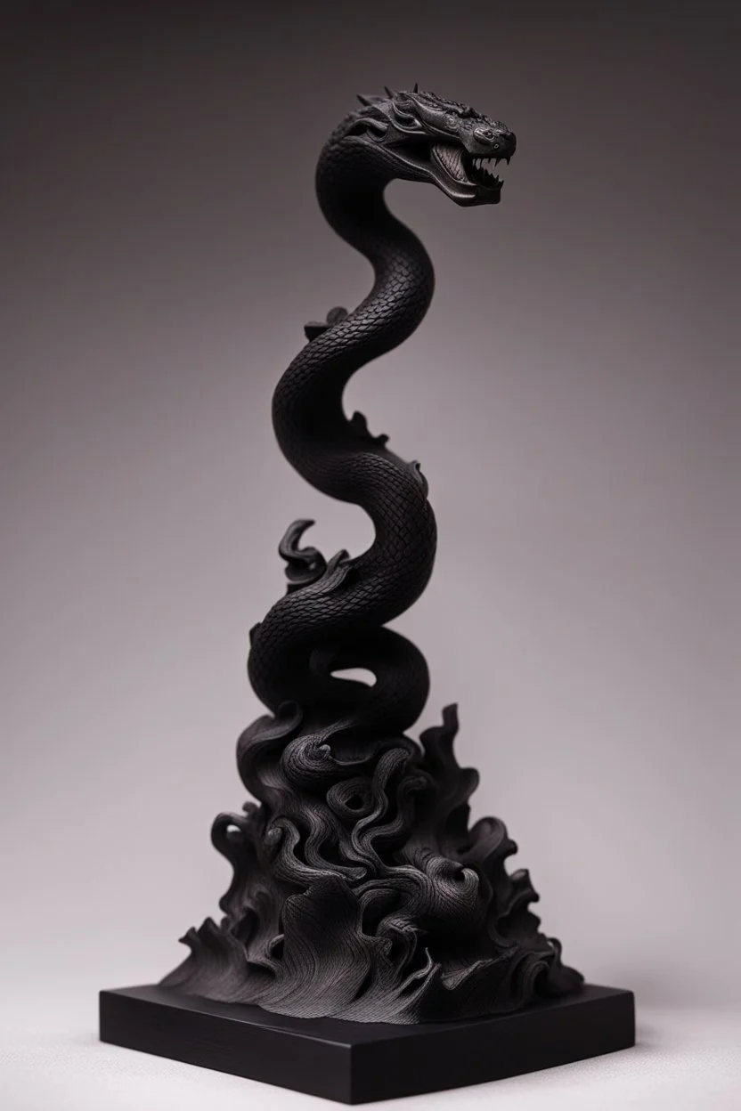 an ominous small statuette made of ebony in the form of a mountain with the snake slithering around the mountain