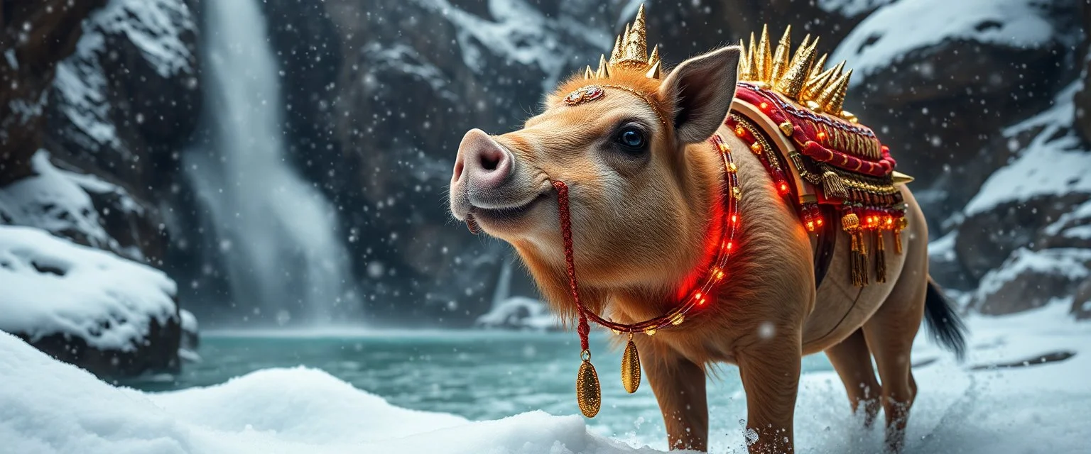 valley of the super happy guru explorer in deep trouble by the water fall, glitter disco glam luxury spiked camel pig in snow storm