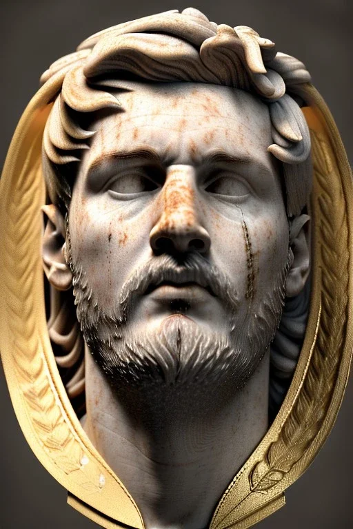 Ultra Realistic image, Roman sculpture, white marble material, Lionel Messi, gold Laurel leaves wreath, renaissance ornaments, one gold star in heart, marble background, chisel style, waist up portrait, emperor style, epic, celestial, cinematic lighting, God light, god rays, 4k resolution, smooth details, ornate details, soft lighting, unreal engine 5, art station, substance 3d.