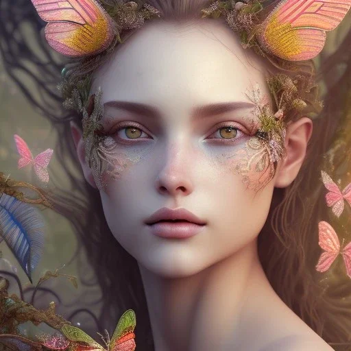 perfect woman, plant metal, feathers, Dryad, butterflies, nature, plants, flower background, face paint, intricate, oil on canvas, masterpiece, expert, insanely detailed, 4k resolution, cinematic smooth, intricate detail, soft smooth lighting, rembrandt style