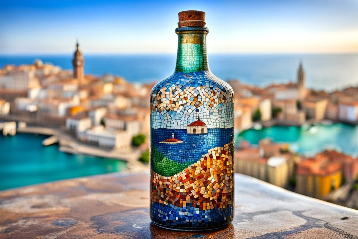 bottle art, ((stepwise colours mosaic texture)) on tall glass bottle painted, stunning , high detailed, sharp focus, in background a mediterrane landscape, old city, photorealistic Professional photography, bokeh, natural lighting, canon lens, shot on dslr 64 megapixels sharp focus