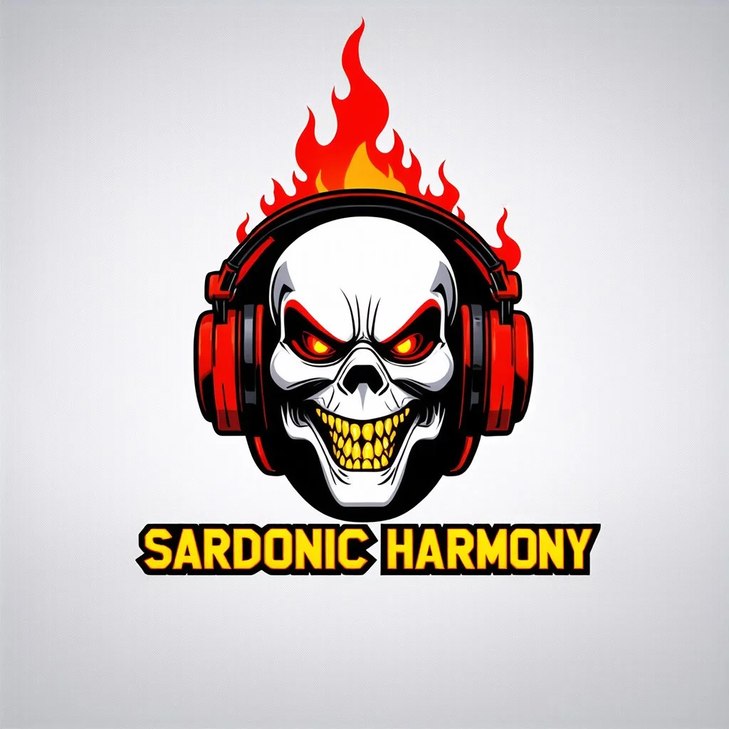 minimalist logo for rock band orange text "SARDONIC HARMONY" in a futuristic robotic font, sinister evil marshmallow head with headphones and red flames, horror, dark negative space, by Yves tanguy and H.R. Giger