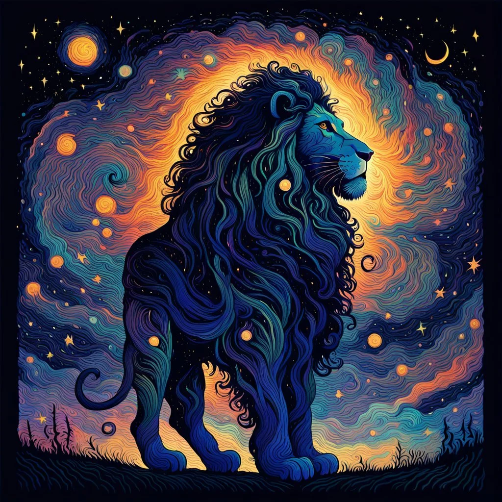 Swirling Illustration by James R. Eads. Cosmic lion, psychedelic. A fantastic depiction of cosmic lion in full figure, created by dappled brush strokes, against a starry night sky. The silhouette has a majestic lion shape. Created by swirling dappled linework in vivid tones of all vibrant colours. Reminiscent of Van Gogh's "Starry Night." The surreal silhouette is a full lion figure with majestic mane, filled with a cosmic pattern, intricate constellations, and a crescent moon, evoking the feeli