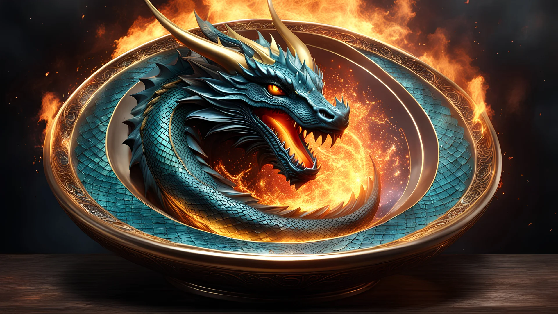 A dragon curled around a massive dish, with each scale representing a different musical note. The dragon guards this melodic treasure, breathing musical fire into the air and creating an enchanting symphony. highly detailed eyes, and hands and lips, digital art, 8K, ultra detailed, High quality