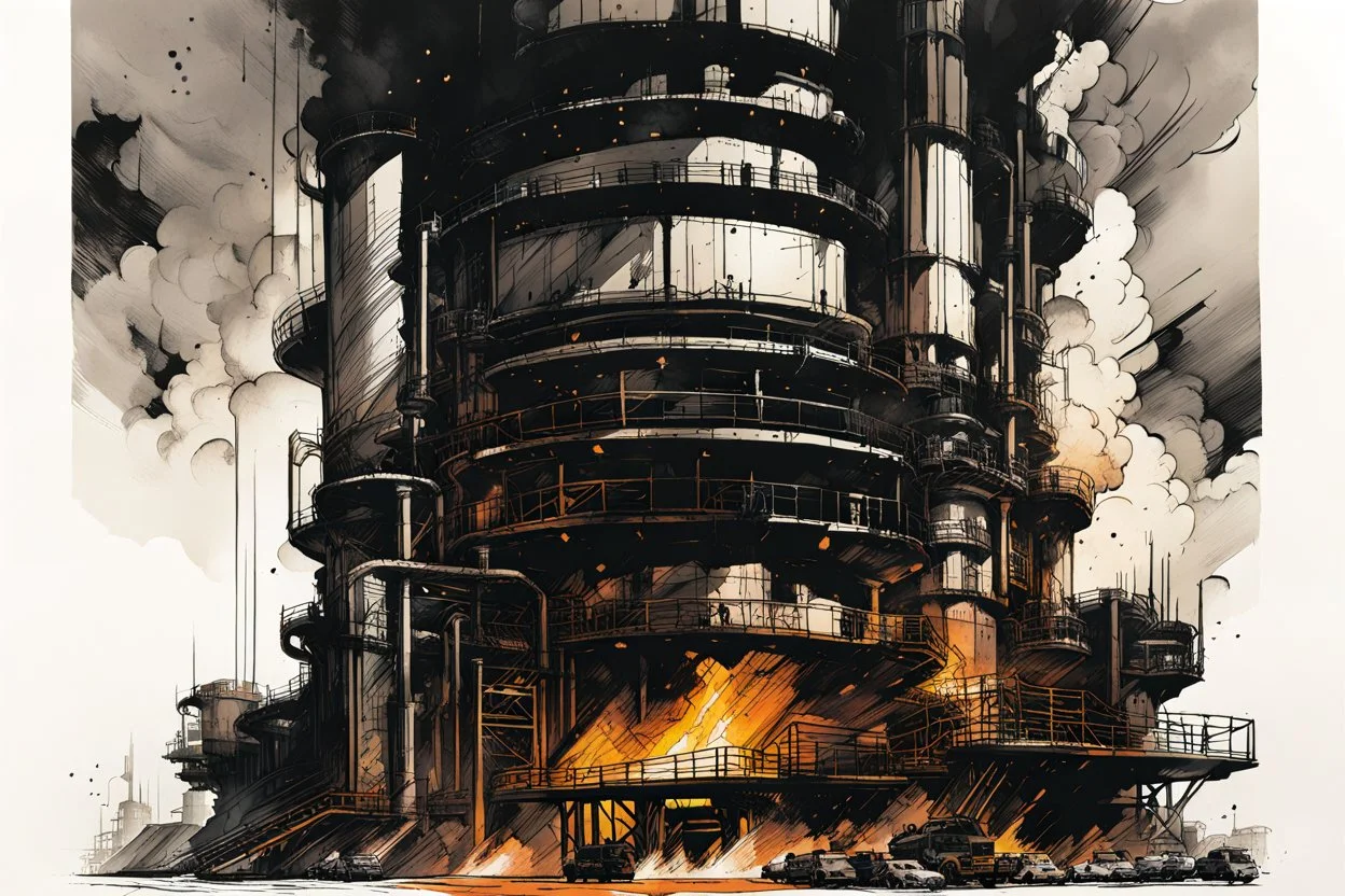 an abstract illustration of a raging blast furnace , finely drawn and inked, 4k, hyper detailed and vibrantly colored in the comic art style of Bill Sienkiewicz , Frank Miller, and Yoji Shinkawa