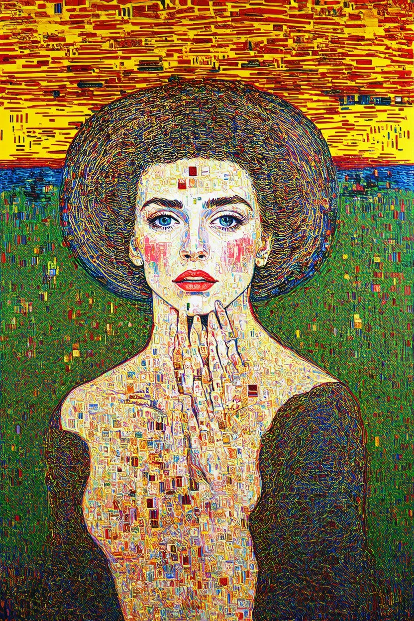 Pale Shelter; Lowbrow Pop-Art depicting the commoditization of human bodies in a superficial world devoid of context and meaning; palette in the style of Gustav Klimt