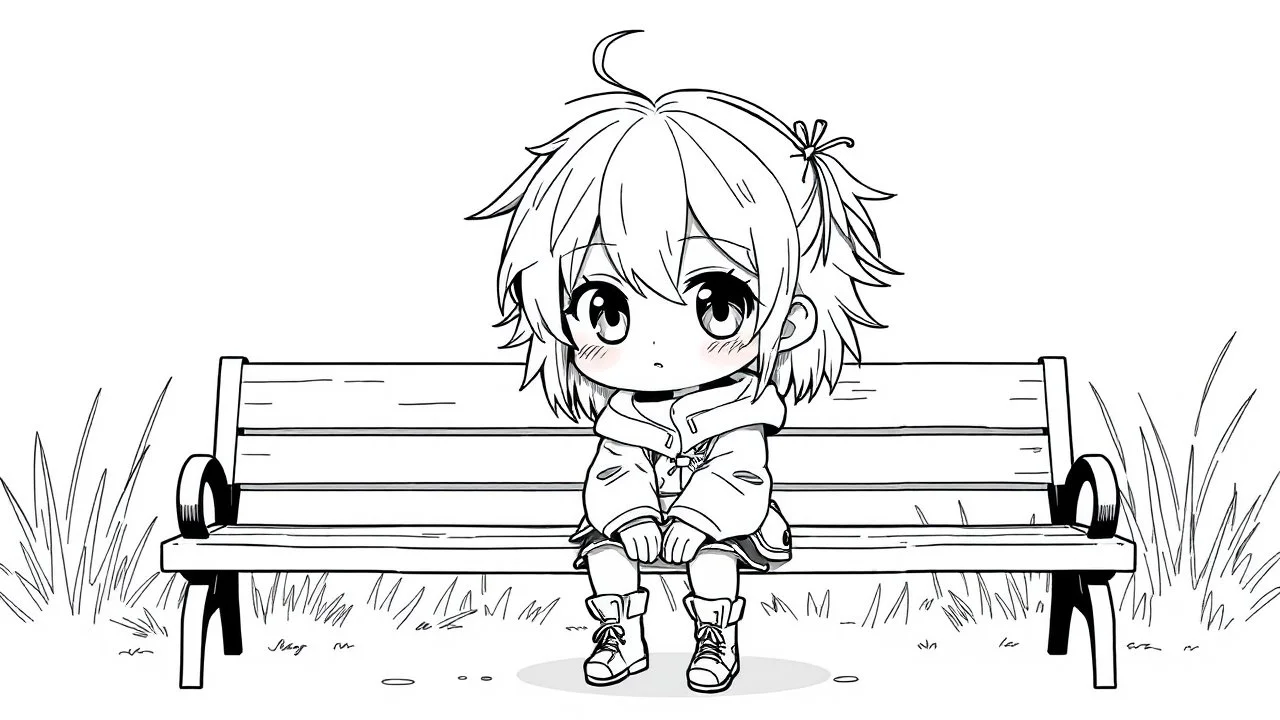 detailed graphic art style, cute anime, detailed chibi face, sitting in modern-fantasy clothes on bench, messy hair dreamline background, childbook style, detailed linework, highly detailed drawing, modern vibe, artwork, grayscale, no photorealism