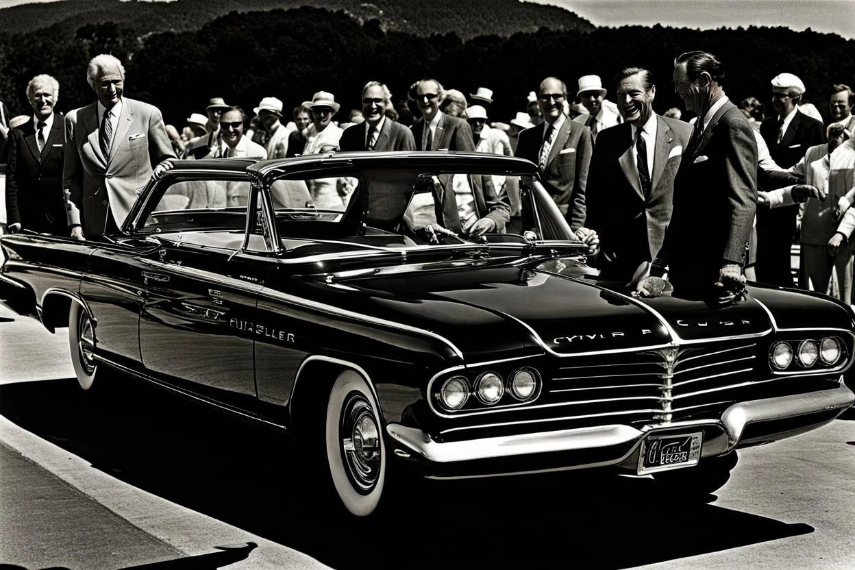 Schwarzweißfoto Chrysler-Vorstandsmitglied Bob Rodger preist den 1960er Chrysler 300F an