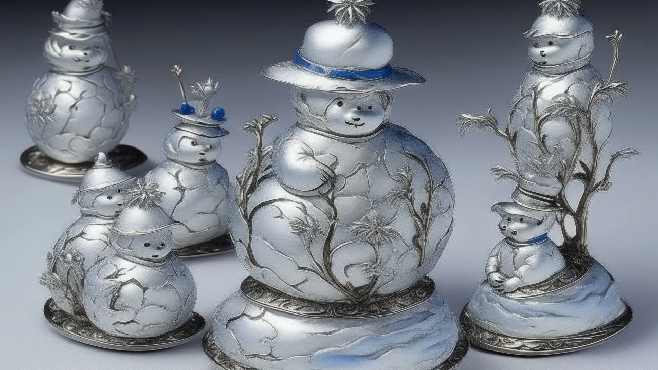 A silver colored frozen field with snowmen painted by Peter Carl Faberge