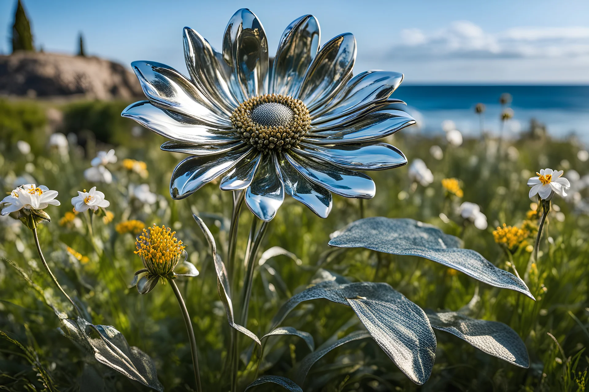 A lifelike thick metal chrome reflecting flower blooms amidst a serene ocean meadow, its intricately woven petals and stem radiating realism and rich detail.