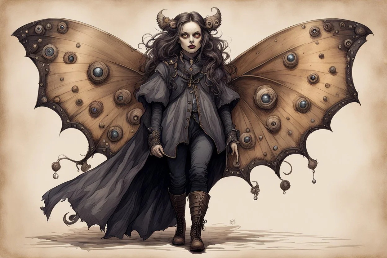 Jean-Baptiste Monge style 19th century hand drawn full body portrait illustration of a walking hybrid Polyphemus moth goth girl, with highly detailed facial features with multi cellular eyes, drawings, 8k, vibrant natural colors,