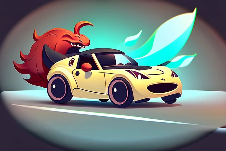 whimsical cartoony sports car with a small mascot character driving it, celshaded comic style, happy atmosphere