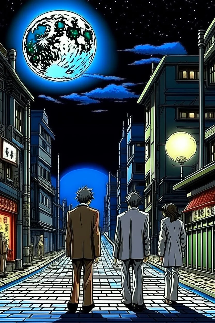 THE MOON HIDDEN SHADOWY FIGURES LABIRINTHINE STREETS meeting the boss big brother STYLE OF HIROKU OGAI