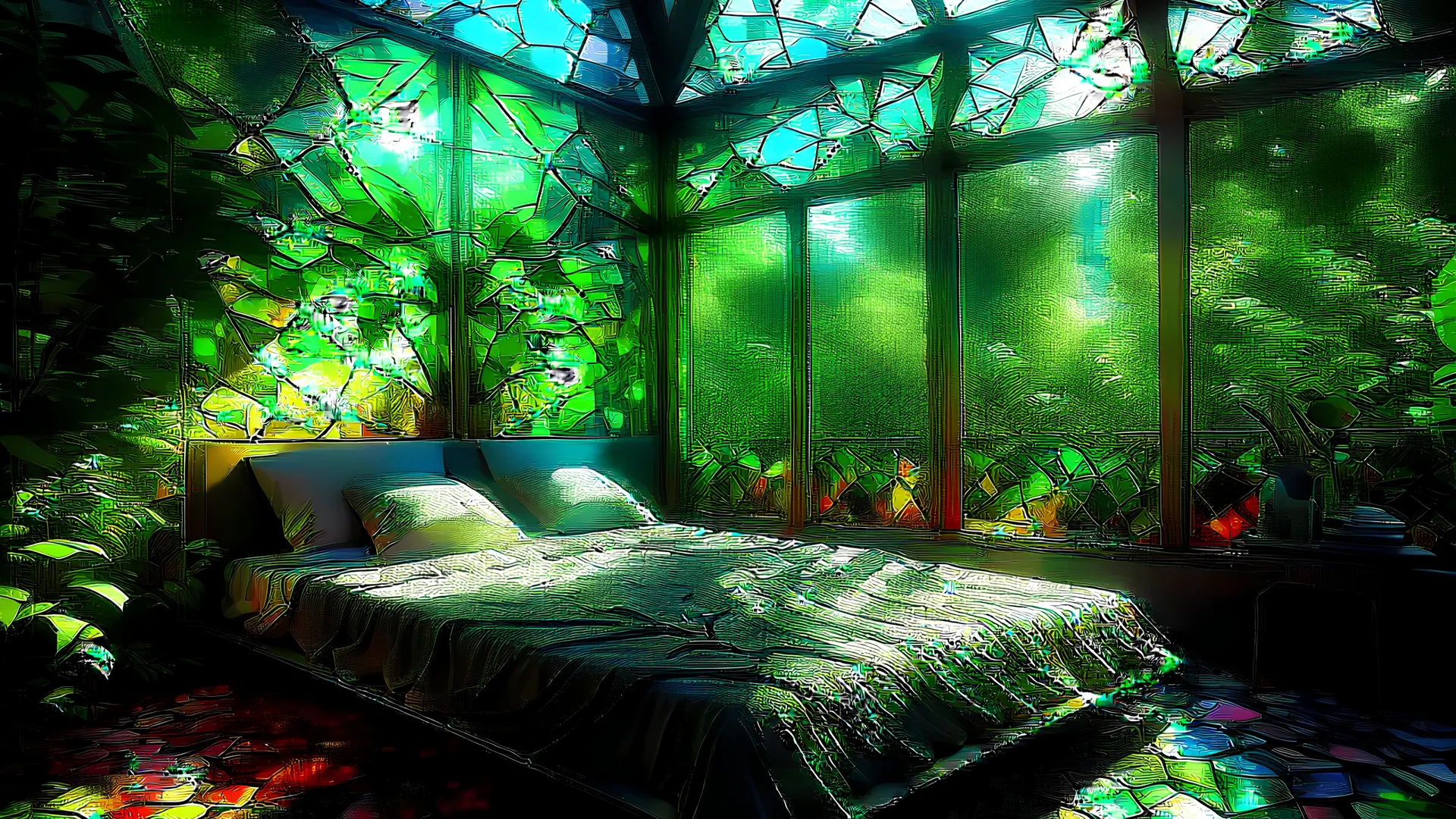 bedroom in the middle of jungle surounded by jungle, Broken Glass effect, no background, stunning, something that even doesn't exist, mythical being, energy, molecular, textures, iridescent and luminescent scales, breathtaking beauty, pure perfection, divine presence, unforgettable, impressive, breathtaking beauty, Volumetric light, auras, rays, vivid colors reflects
