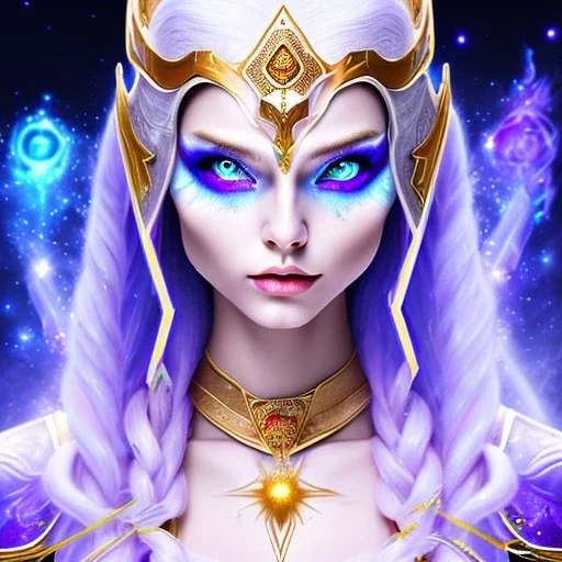 cosmic mage, elf, female, battle mage, cosmic sword, epic, cosmic magic, staff, long ears, white hair, face details, odd-eyes, pale skin, detailed eyes, jewellery, broad shoulders, glowing eyes, sharp ears, cosmic clothes, bright eyes