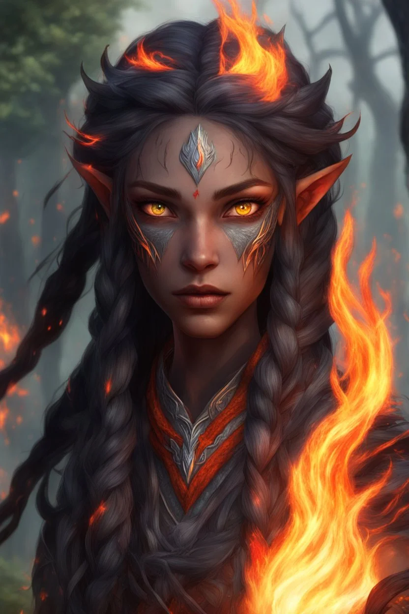 Fire Eladrin druid female. Hair is long and bright black part glows. Part of hair is braided and fire comes out from it. Big bright red eyes. Is generating fire with her hands and fire are coming our off them . Skin color is dark. Has a big deep scar on face.