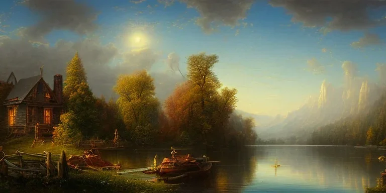  8k, detalied, hudson river school, mountains, river, atmospheric perspective, victorian house