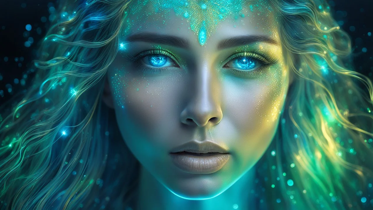 The photo is done in a bioluminescent and bioluminescent art style depicting a divine woman, Bioluminescent dewy translucent glowing skin, ethereal glowing eyes, long neck, perfect face in ultra-realistic details, flowing hair, greenish blue hues, The composition imitates a cinematic film with dazzling, golden and silver lighting effects. Intricate details, sharp focus, crystal clear skin create high detail. 3d, 64k, high resolution, high detail, computer graphics, hyperrealism, f/16, 1/300 sec.